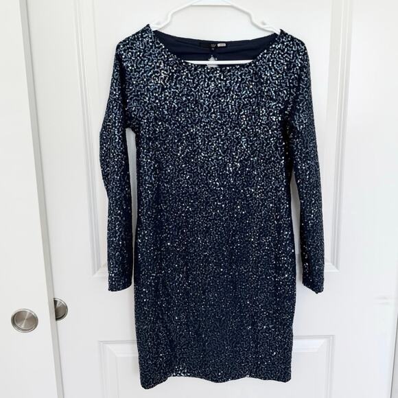 Tibi Zeppelin Sequin High Neck Open Back Long Sleeve Mini Shift Dress Blue XS - Picture 3 of 6